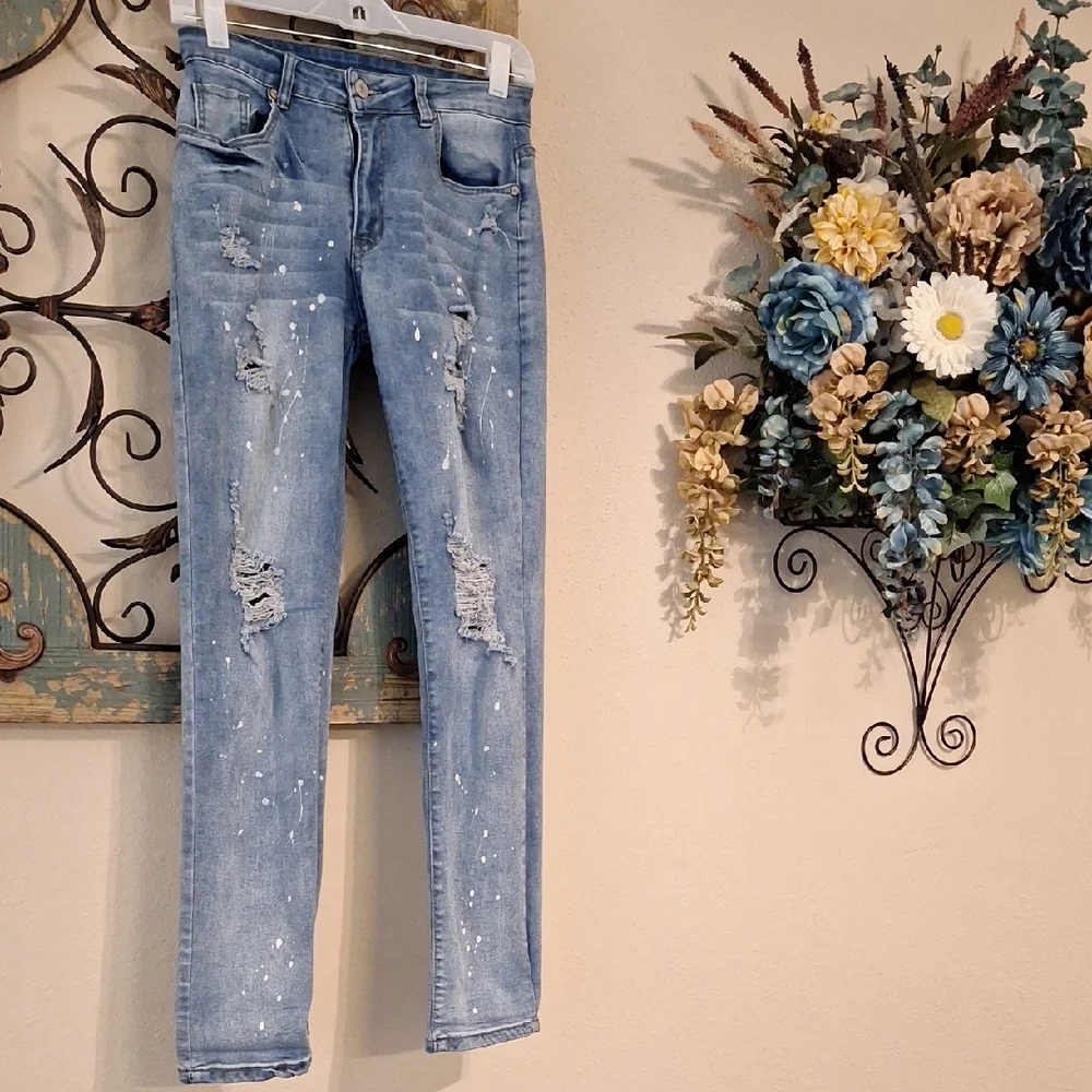 Trendy Paint Splatter Blue Distressed Skinny Jeans. Size Medium - Picture 1 of 12
